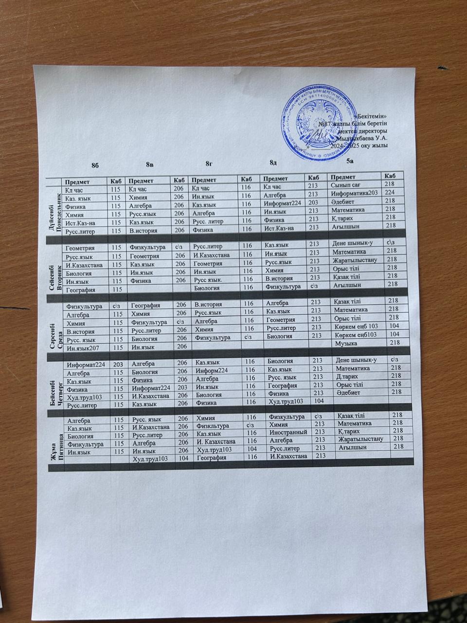 2024-2025 оқу жылына 5-11 сыныптарға сабақ кестесі / Расписание уроков 5-11 классов на 2024-2025 учебный год