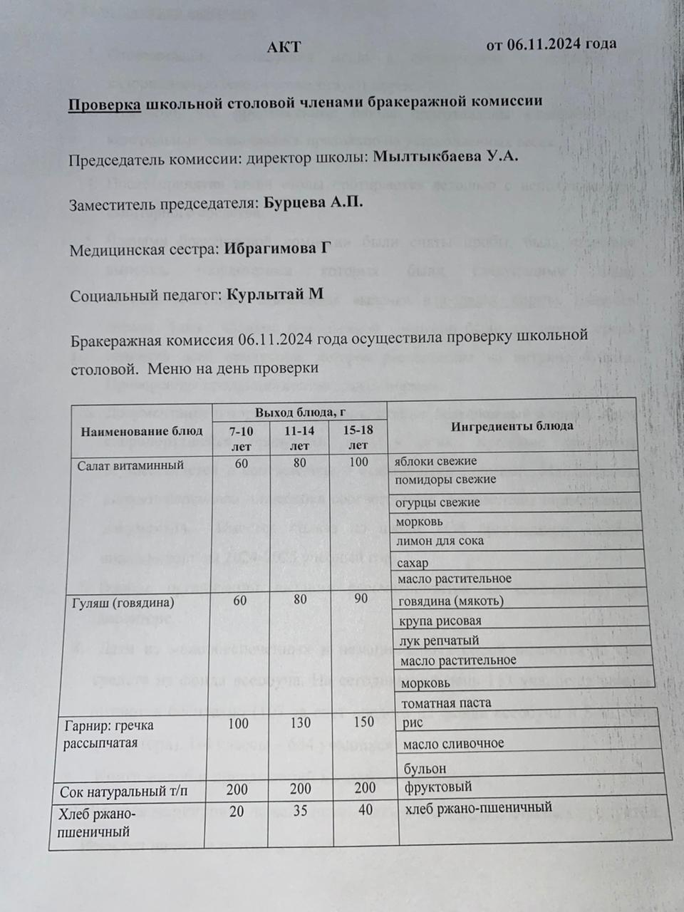 Бракераждық комиссия мүшелерінің мектеп асханасын тексеруі АКТ - сі 06.11.2024