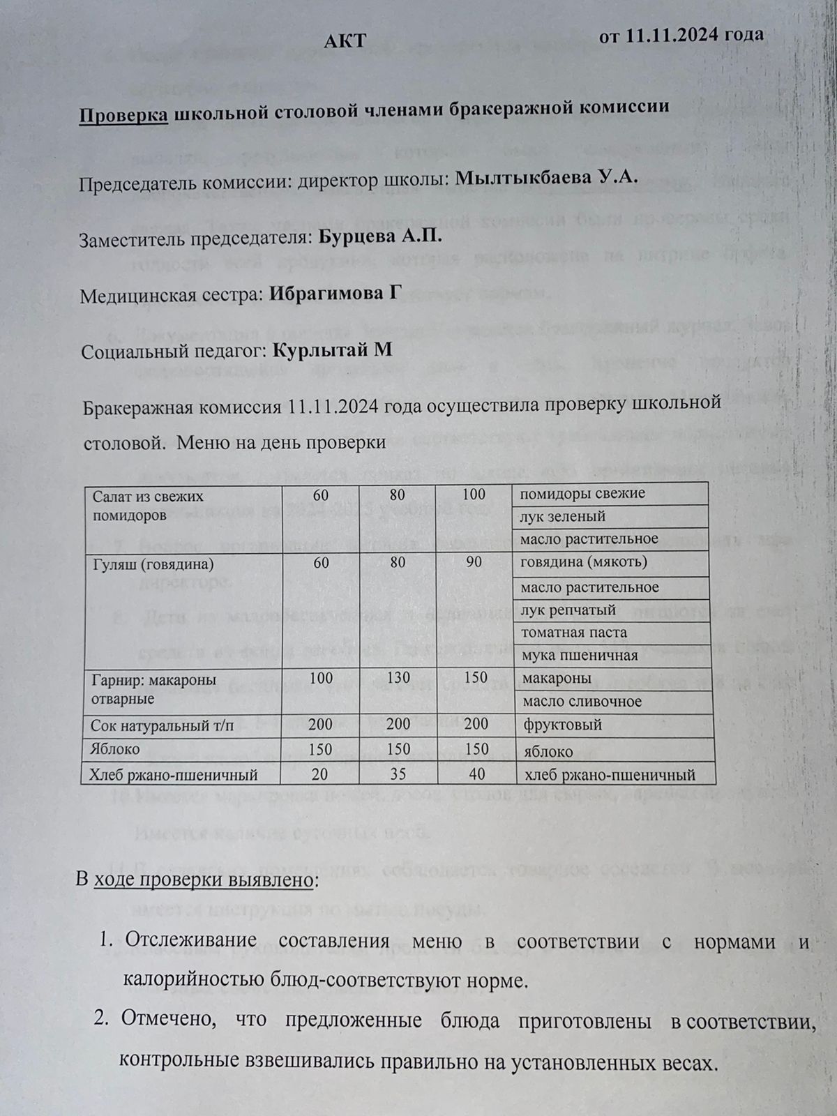 Бракераждық комиссия мүшелерінің мектеп асханасын тексеруі АКТ - сі 11.11.2024