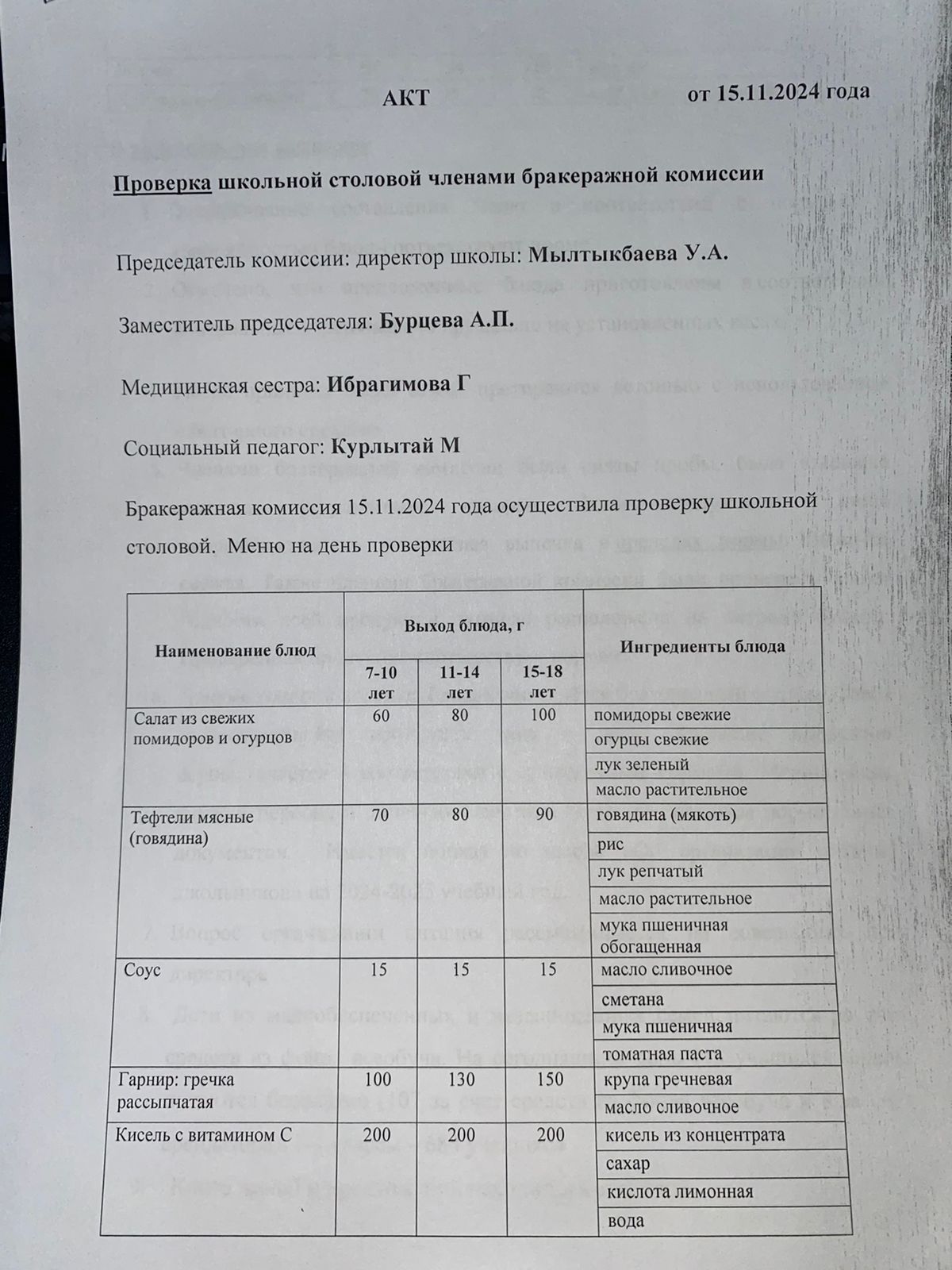 Бракераждық комиссия мүшелерінің мектеп асханасын тексеруі АКТ - сі 15.11.2024