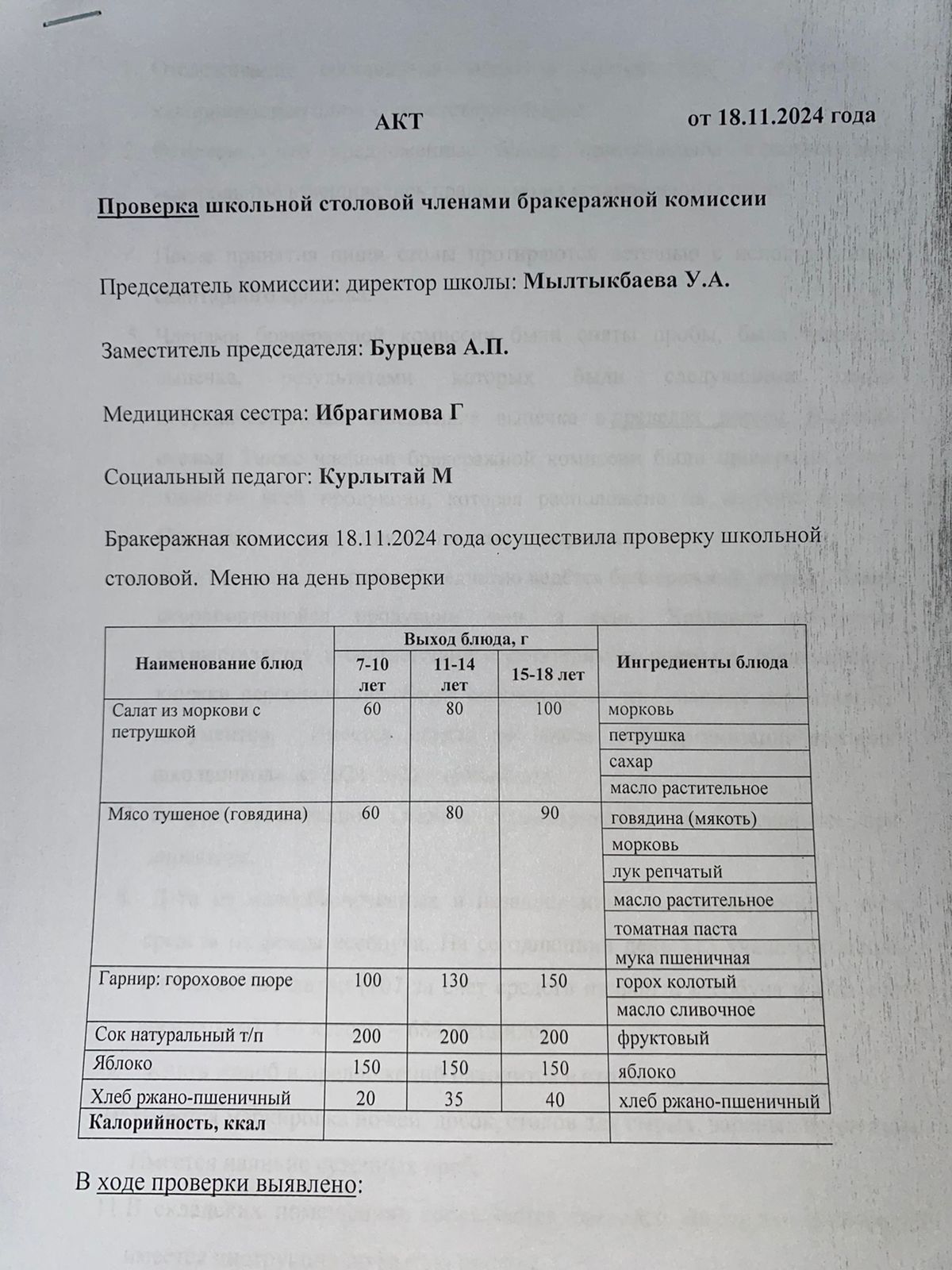 Бракераждық комиссия мүшелерінің мектеп асханасын тексеруі АКТ - сі 18.11.2024