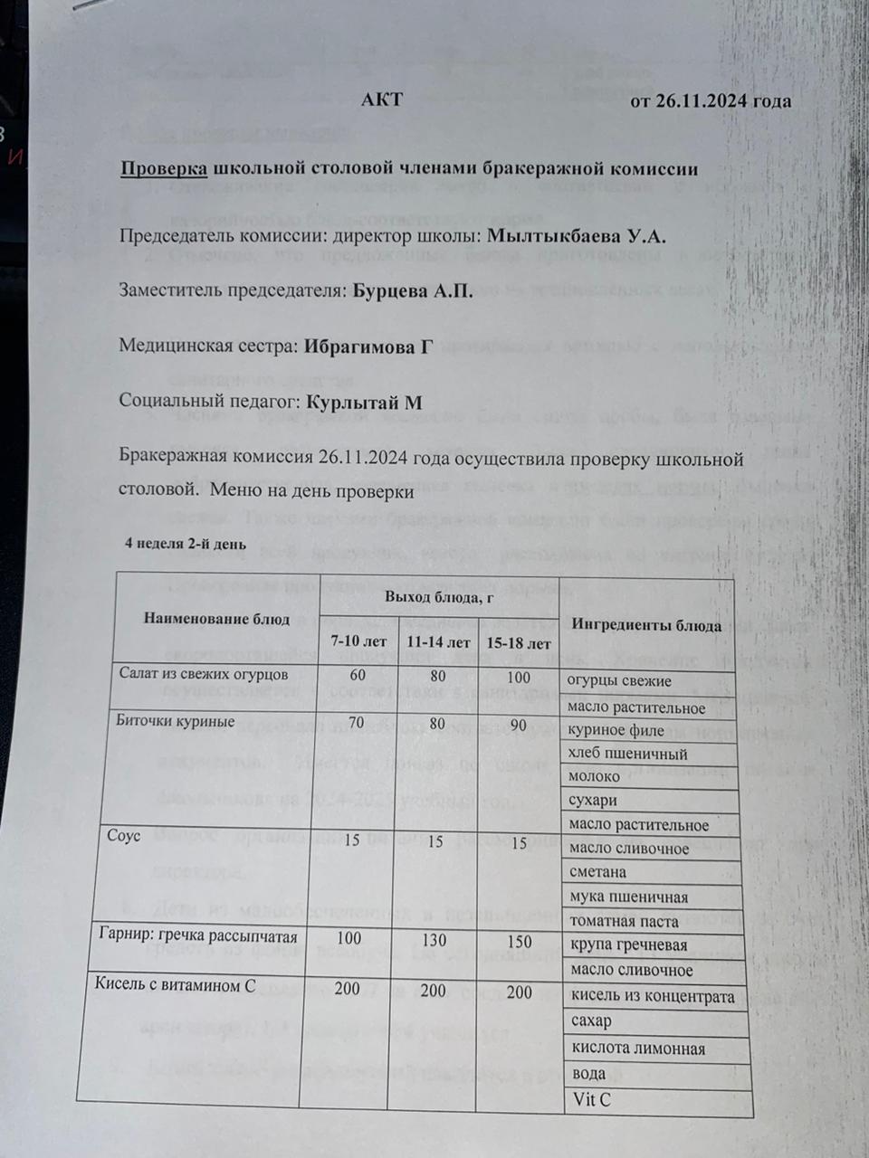 Бракераждық комиссия мүшелерінің мектеп асханасын тексеруі АКТ - сі 26.11.2024