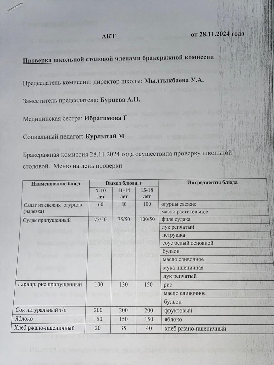 Бракераждық комиссия мүшелерінің мектеп асханасын тексеруі АКТ - сі 28.11.2024
