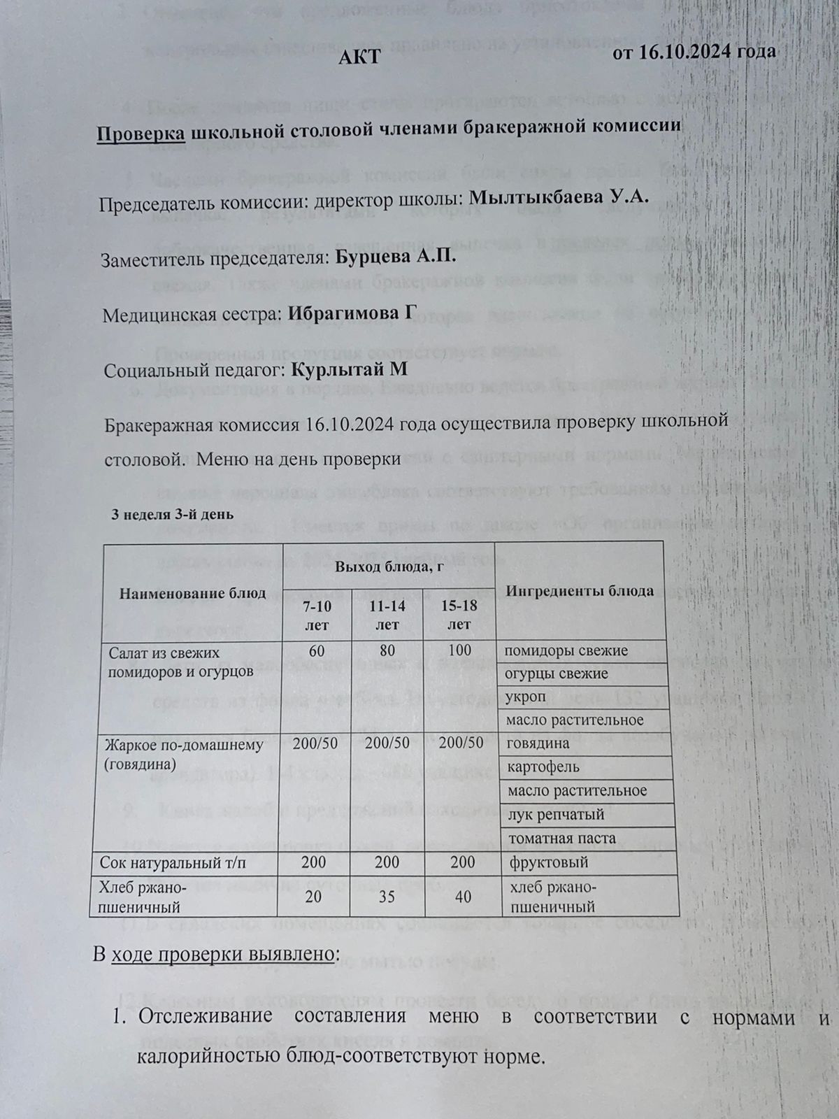 Бракераждық комиссия мүшелерінің мектеп асханасын тексеруі АКТ - сі 16.10.2024