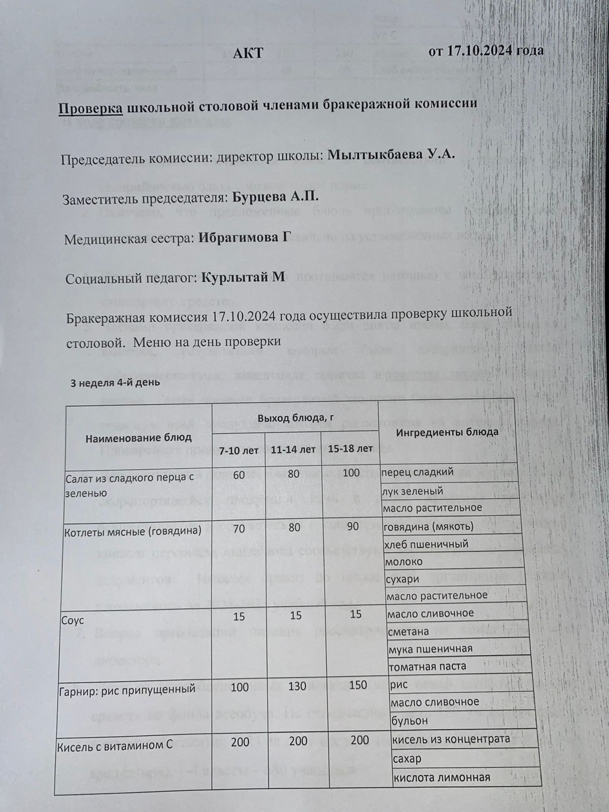 Бракераждық комиссия мүшелерінің мектеп асханасын тексеруі АКТ - сі 17.10.2024