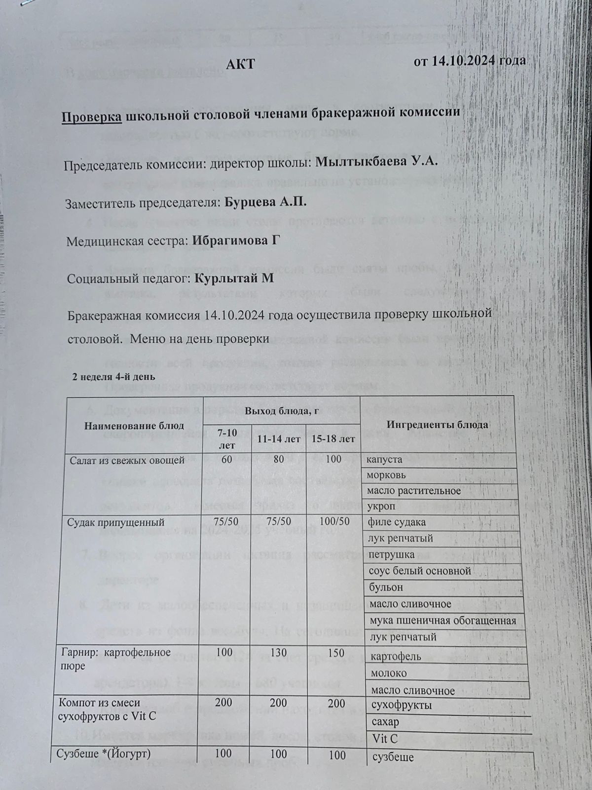 Бракераждық комиссия мүшелерінің мектеп асханасын тексеруі АКТ - сі 14.10.2024