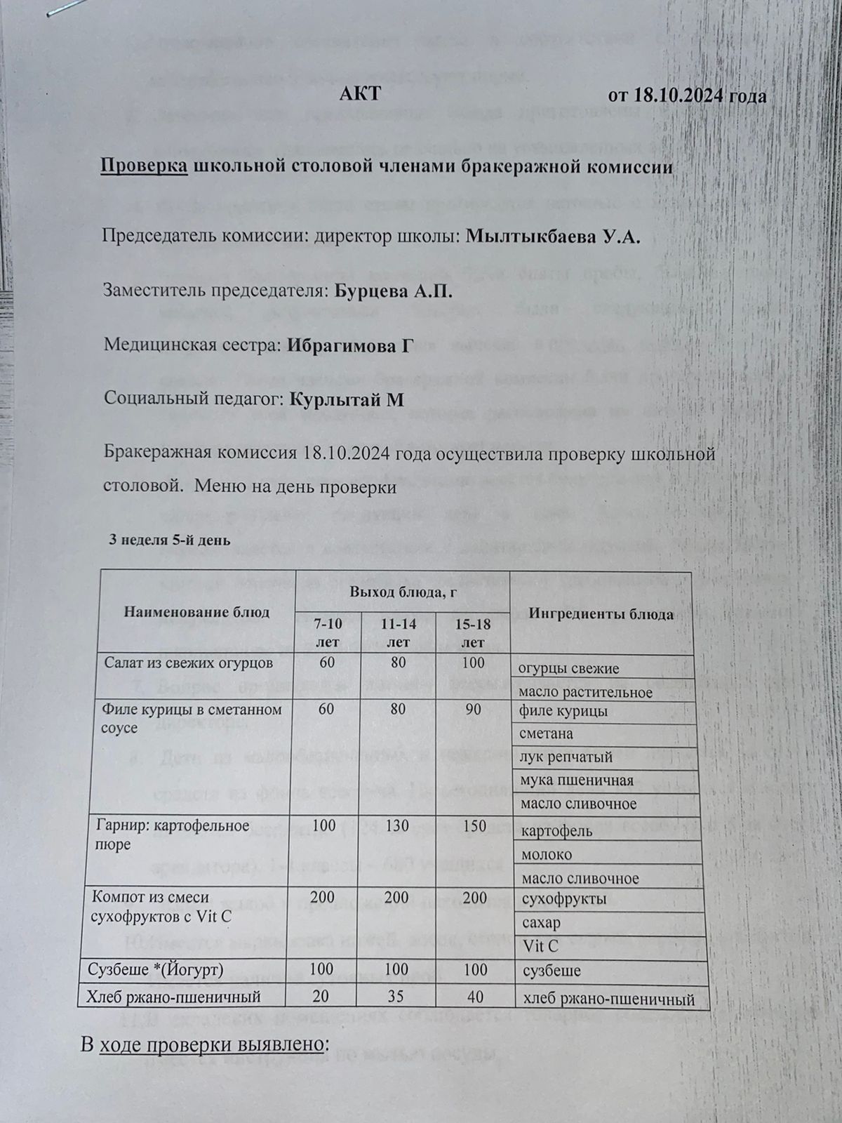Бракераждық комиссия мүшелерінің мектеп асханасын тексеруі АКТ - сі 18.10.2024