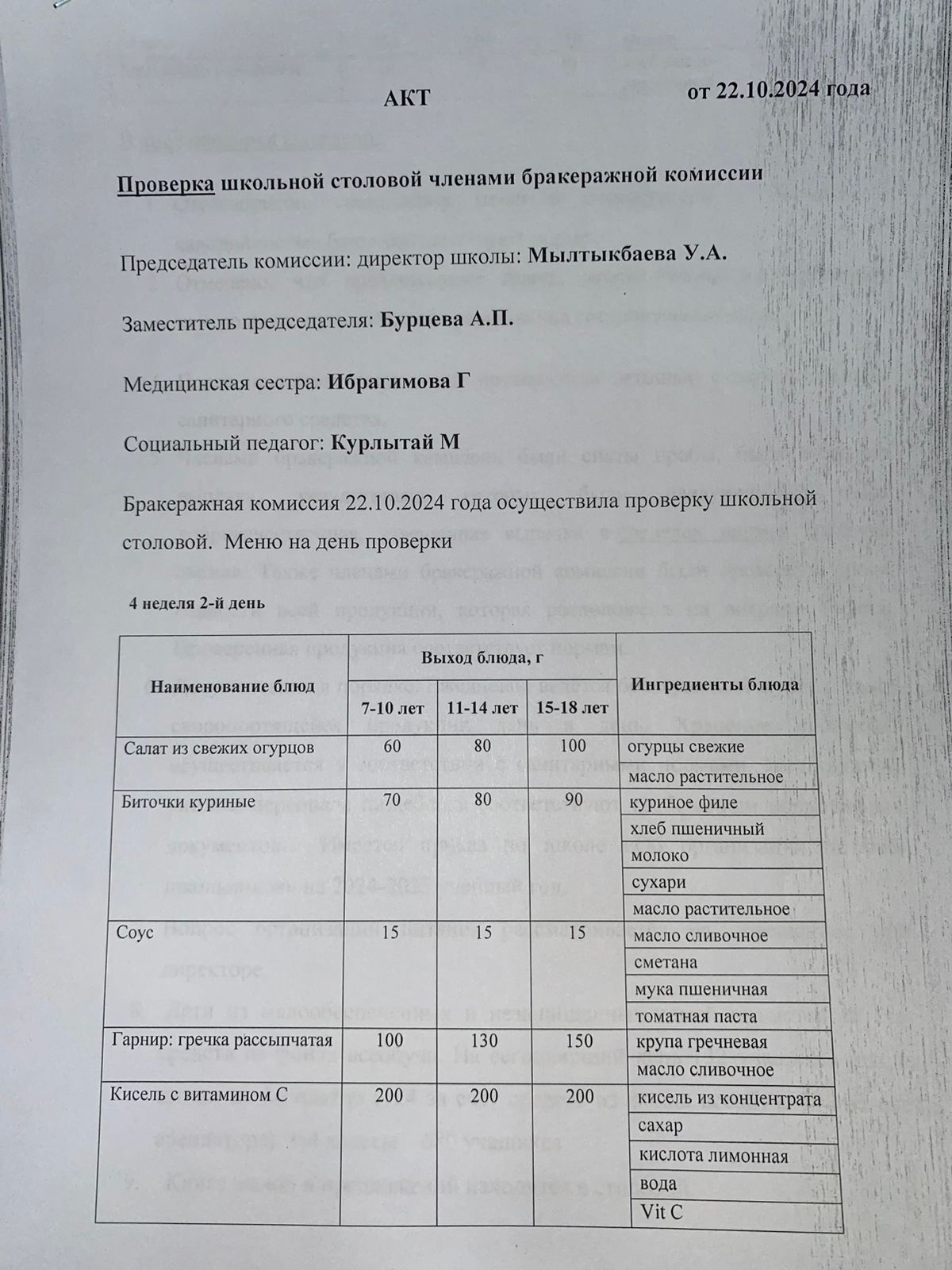 Бракераждық комиссия мүшелерінің мектеп асханасын тексеруі АКТ - сі 22.10.2024