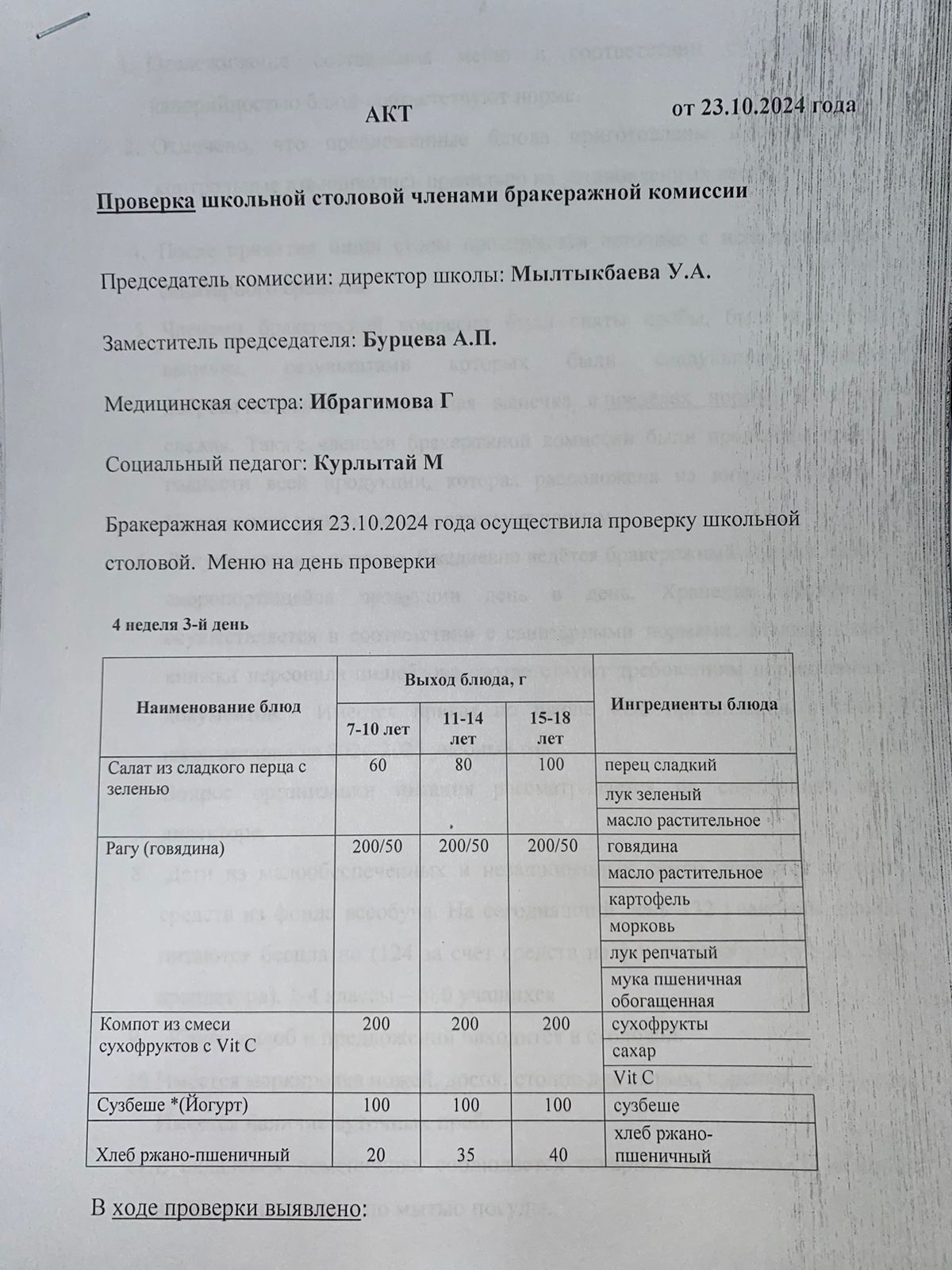 Бракераждық комиссия мүшелерінің мектеп асханасын тексеруі АКТ - сі 23.10.2024