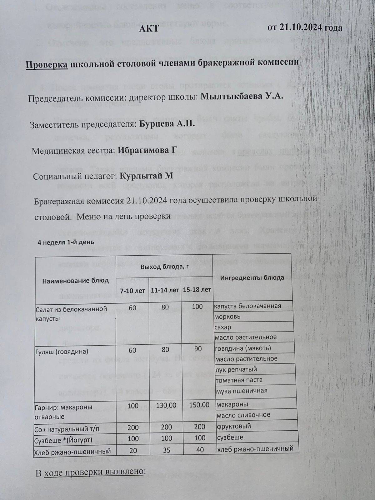 Бракераждық комиссия мүшелерінің мектеп асханасын тексеруі АКТ - сі 21.10.2024