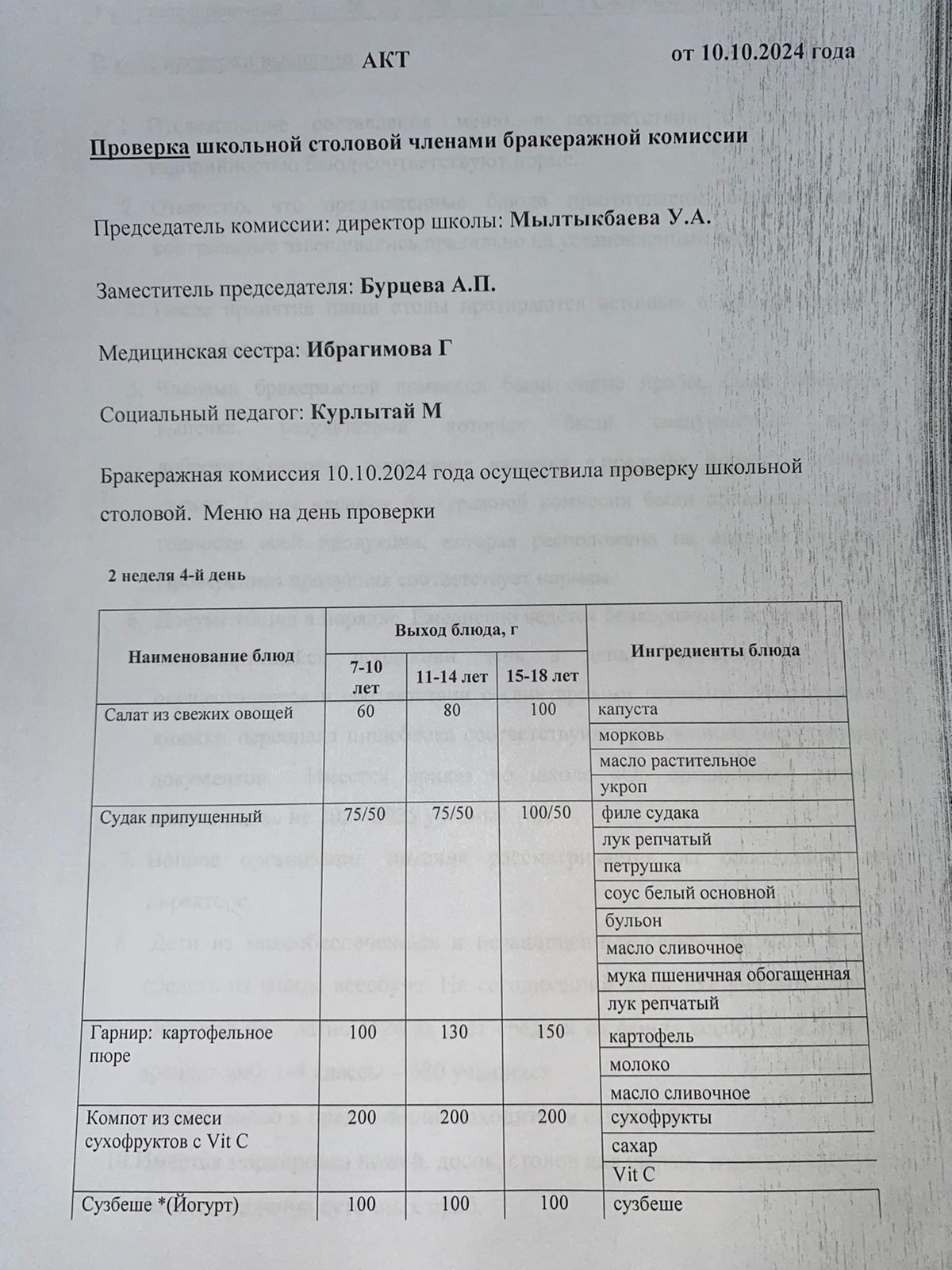 Бракераждық комиссия мүшелерінің мектеп асханасын тексеруі АКТ - сі 10.10.2024