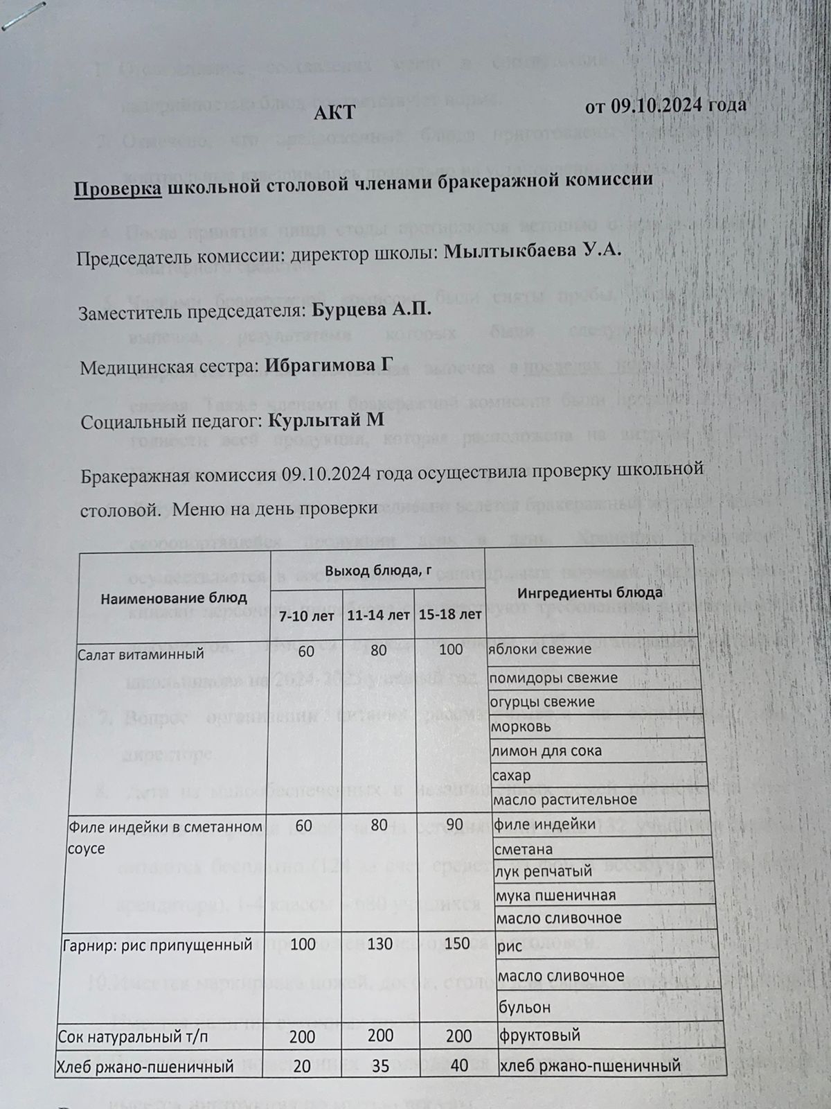 Бракераждық комиссия мүшелерінің мектеп асханасын тексеруі АКТ - сі 09.10.2024