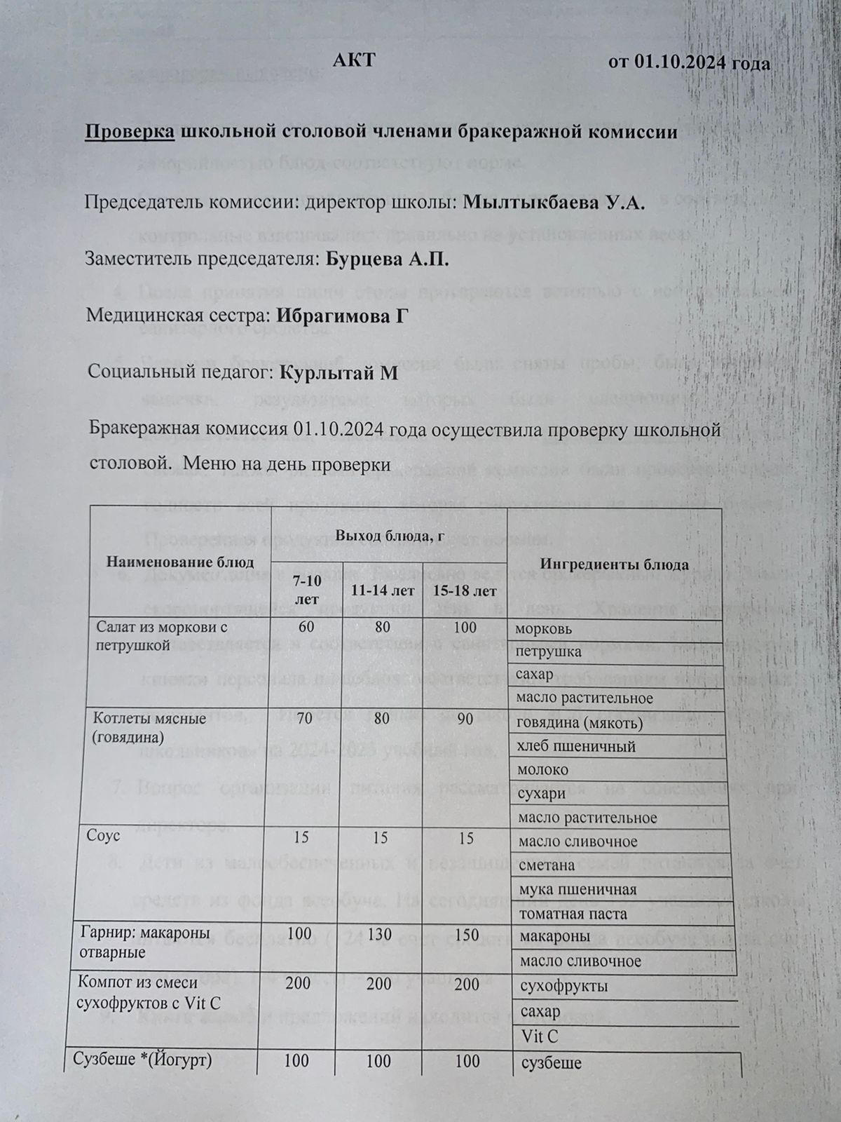 Бракераждық комиссия мүшелерінің мектеп асханасын тексеруі АКТ - сі 01.10.2024