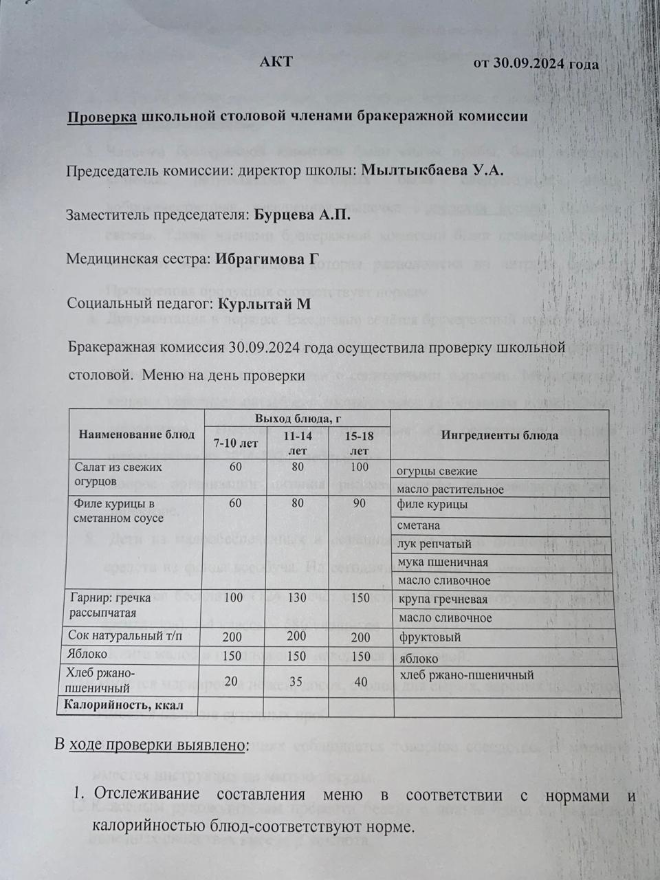 Бракераждық комиссия мүшелерінің мектеп асханасын тексеруі АКТ - сі 30.09.2024