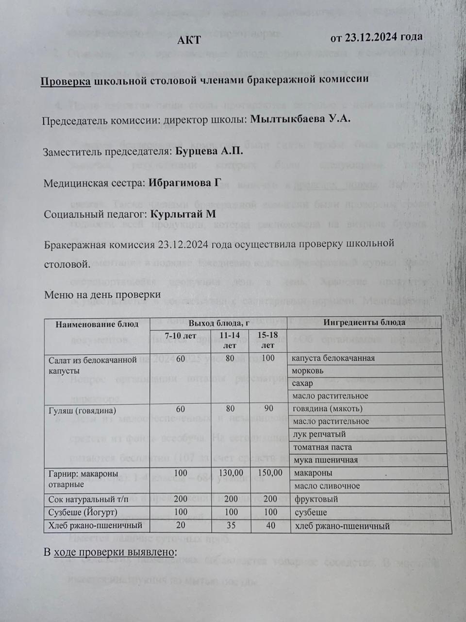 Бракераждық комиссия мүшелерінің мектеп асханасын тексеруі АКТ - сі 23.12.2024