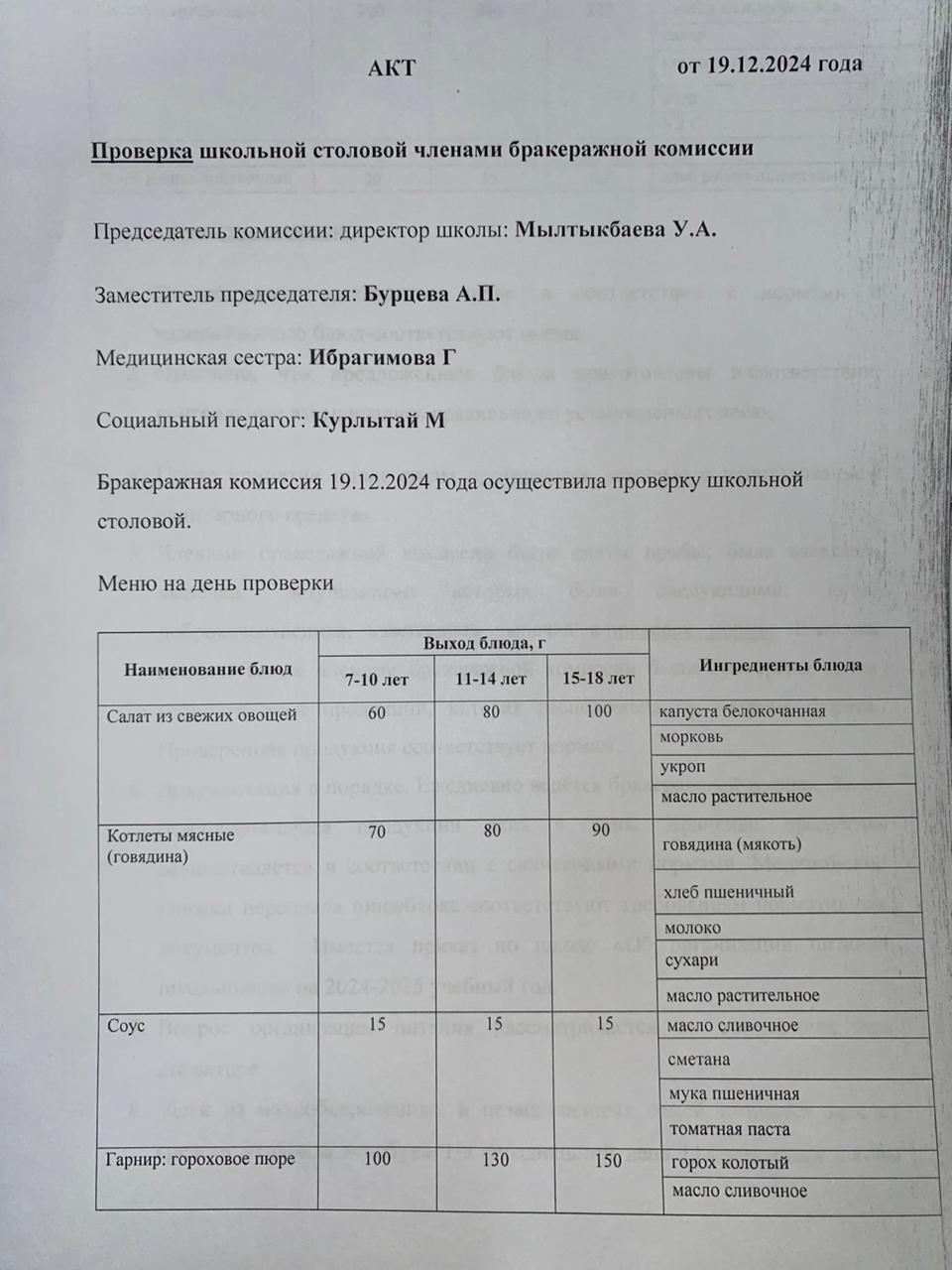 Бракераждық комиссия мүшелерінің мектеп асханасын тексеруі АКТ - сі 19.12.2024