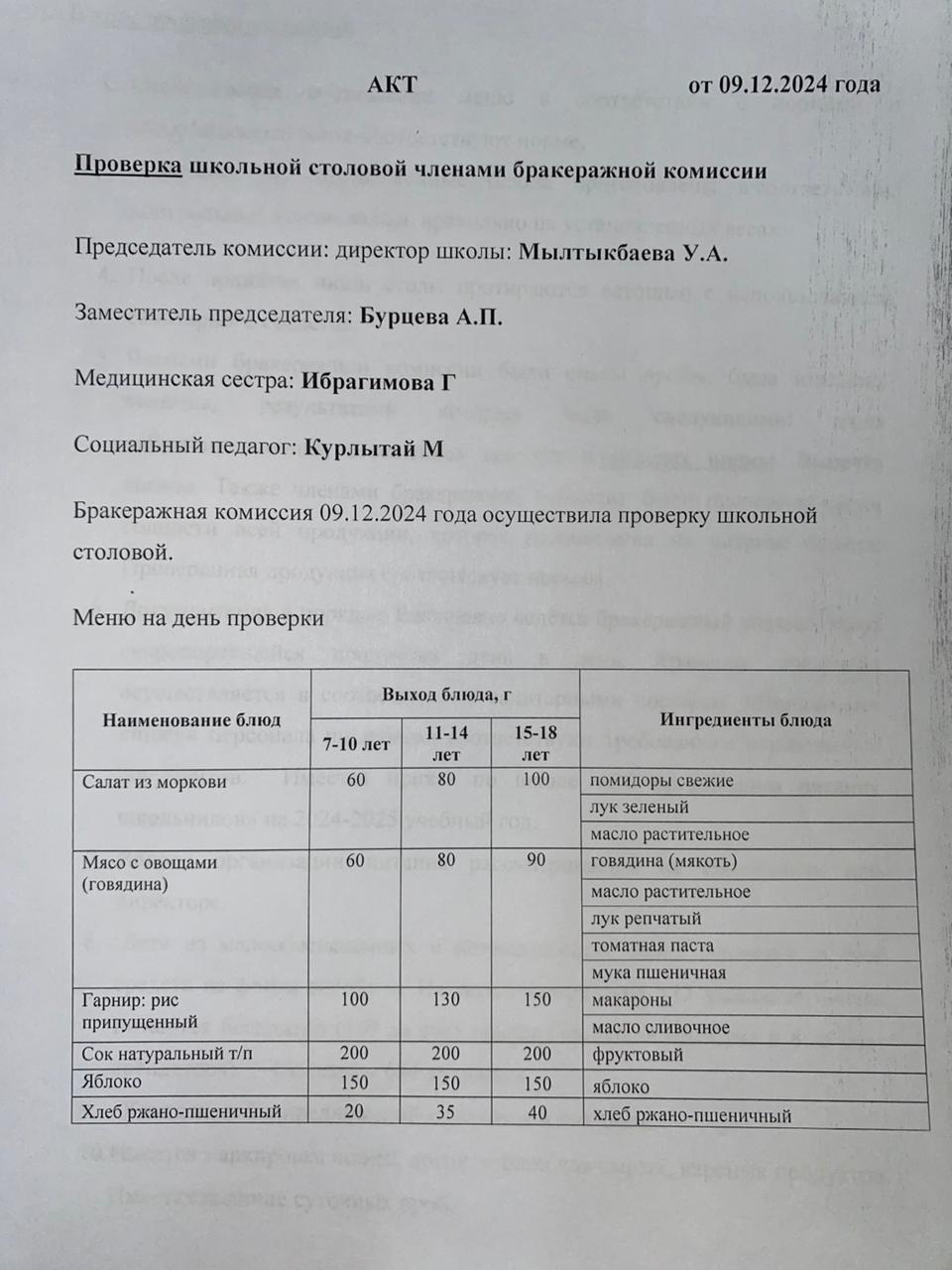Бракераждық комиссия мүшелерінің мектеп асханасын тексеруі АКТ - сі 09.12.2024