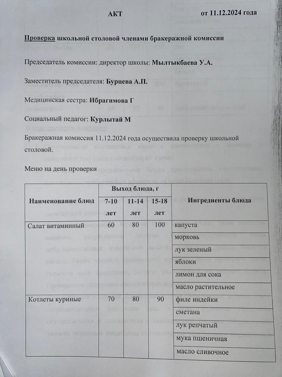 Бракераждық комиссия мүшелерінің мектеп асханасын тексеруі АКТ - сі 11.12.2024