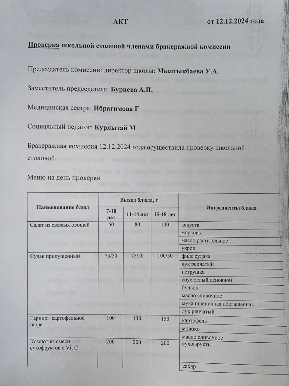 Бракераждық комиссия мүшелерінің мектеп асханасын тексеруі АКТ - сі 12.12.2024