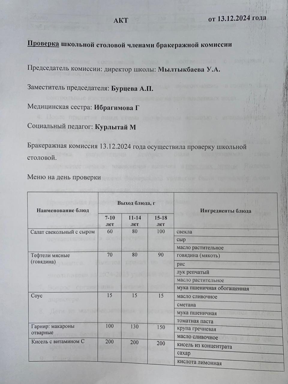 Бракераждық комиссия мүшелерінің мектеп асханасын тексеруі АКТ - сі 13.12.2024