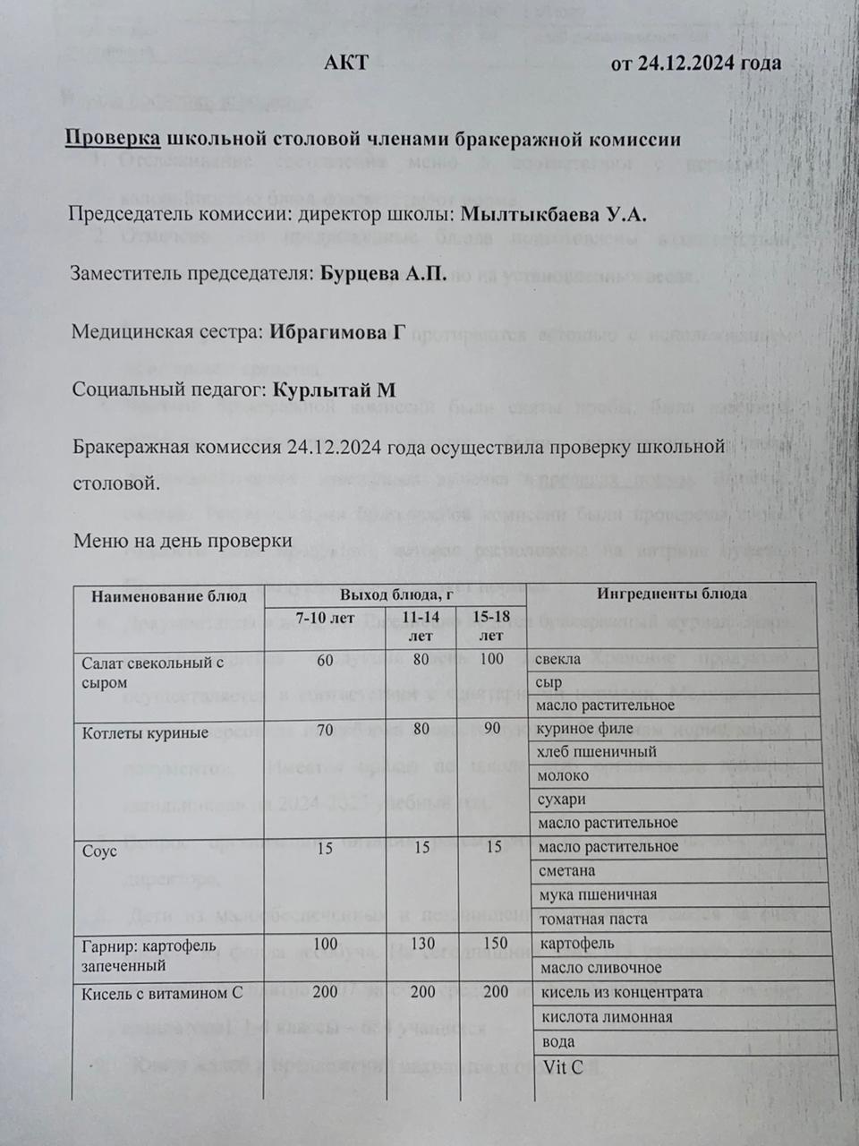 Бракераждық комиссия мүшелерінің мектеп асханасын тексеруі АКТ - сі 24.12.2024