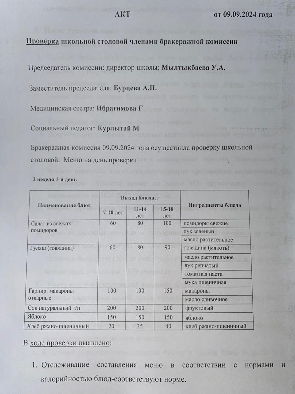 Бракераждық комиссия мүшелерінің мектеп асханасын тексеруі АКТ - сі 09.09.2024