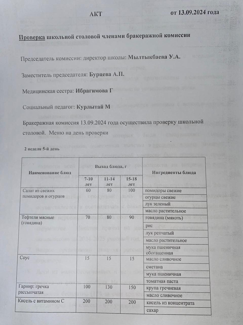 Бракераждық комиссия мүшелерінің мектеп асханасын тексеруі АКТ - сі 13.09.2024