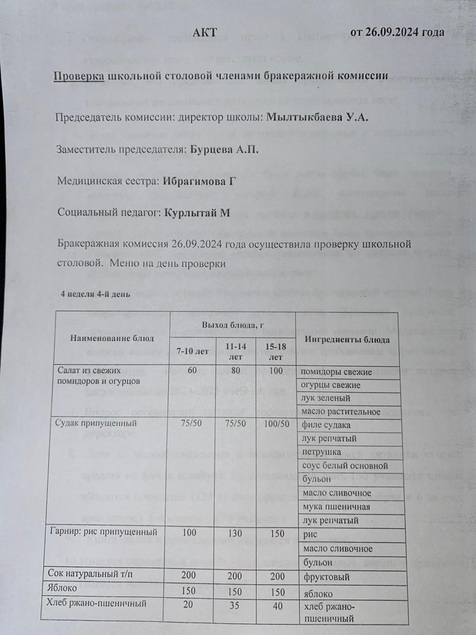 Бракераждық комиссия мүшелерінің мектеп асханасын тексеруі АКТ - сі 26.09.2024