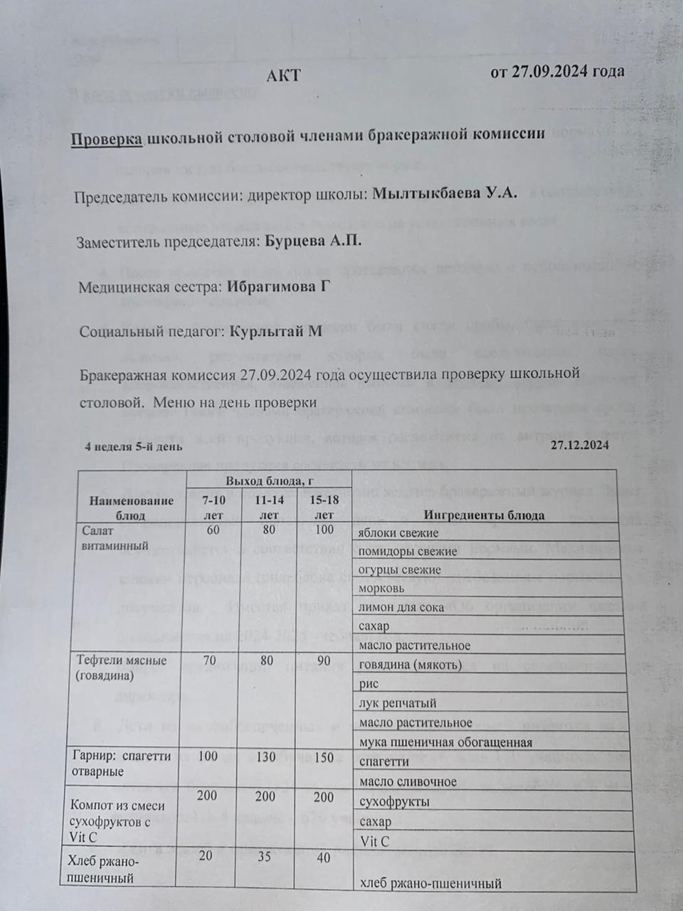 Бракераждық комиссия мүшелерінің мектеп асханасын тексеруі АКТ - сі 27.09.2024
