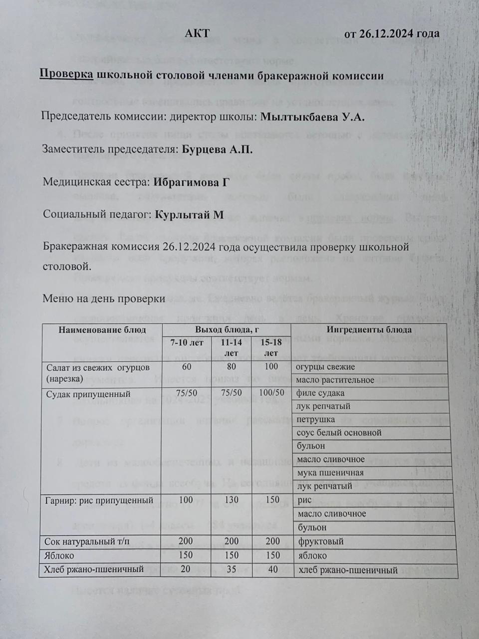 Бракераждық комиссия мүшелерінің мектеп асханасын тексеруі АКТ - сі 26.12.2024