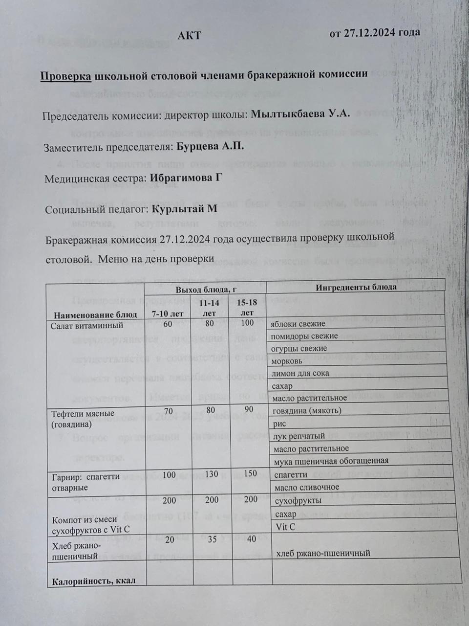 Бракераждық комиссия мүшелерінің мектеп асханасын тексеруі АКТ - сі 27.12.2024