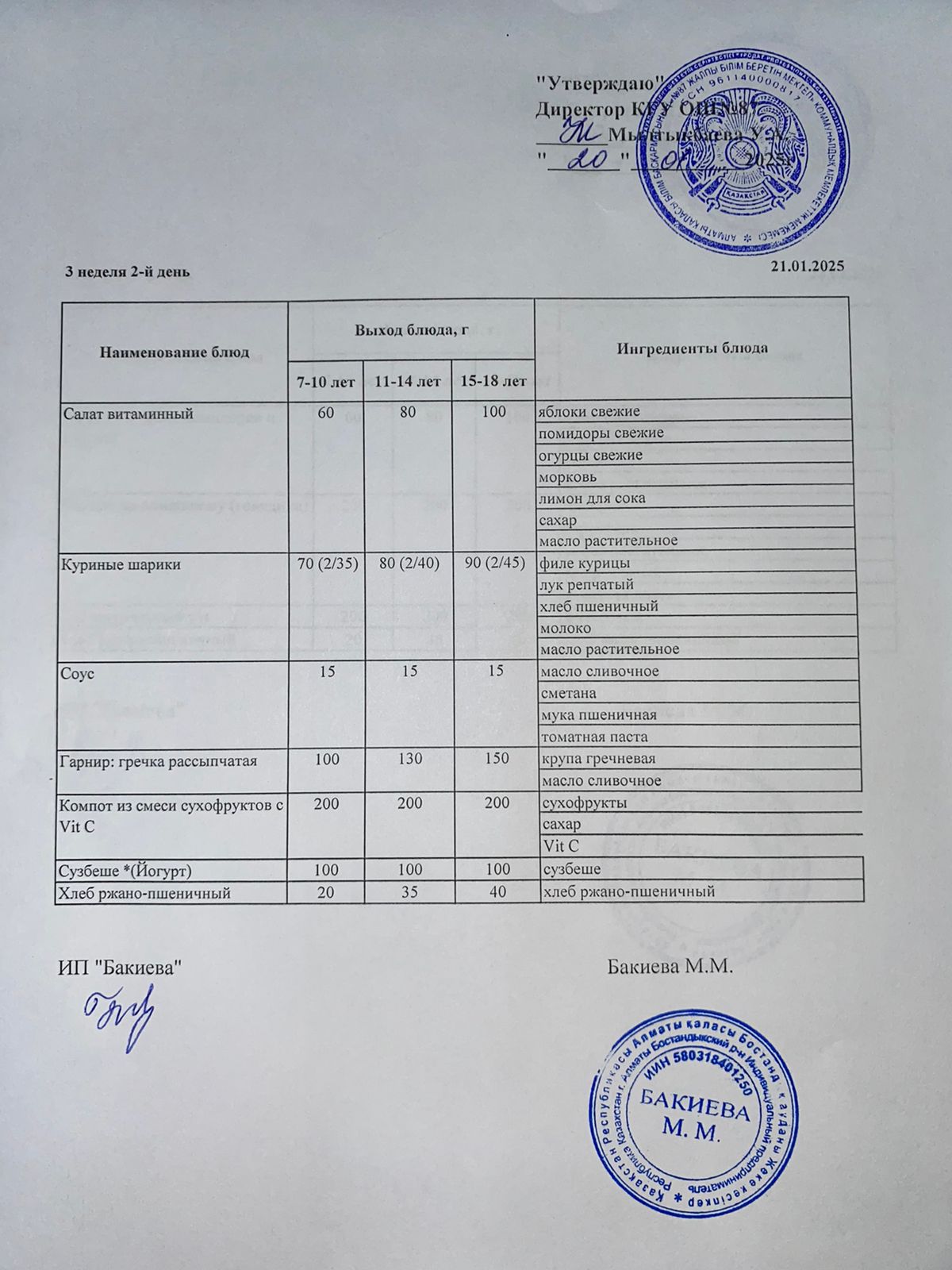 Ас мәзірі - 21.01.2025