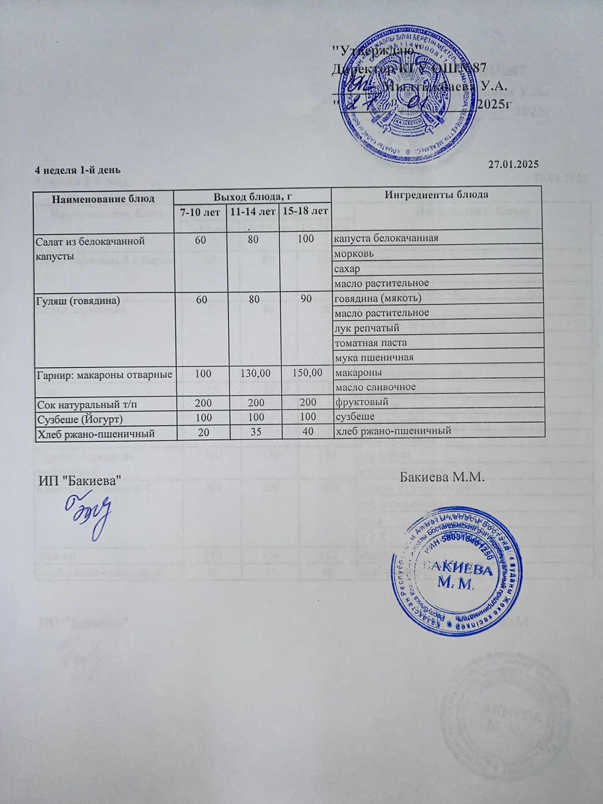 Ас мәзірі - 27.01.2025