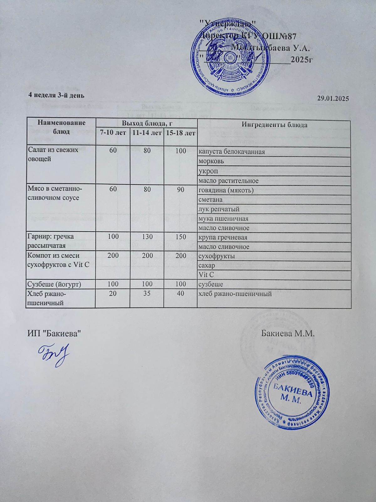 Ас мәзірі - 29.01.2025