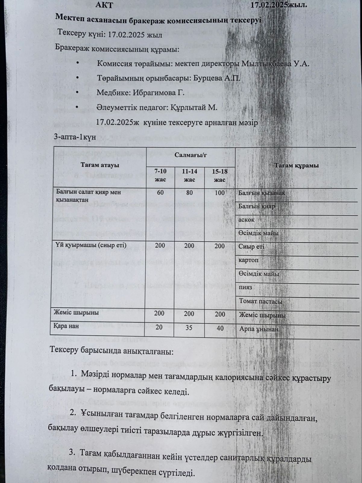 Мектеп асханасын бракераж комиссиясының тексеруі - Проверка школьной столовой членами бракеражной комиссии 17.02.2025
