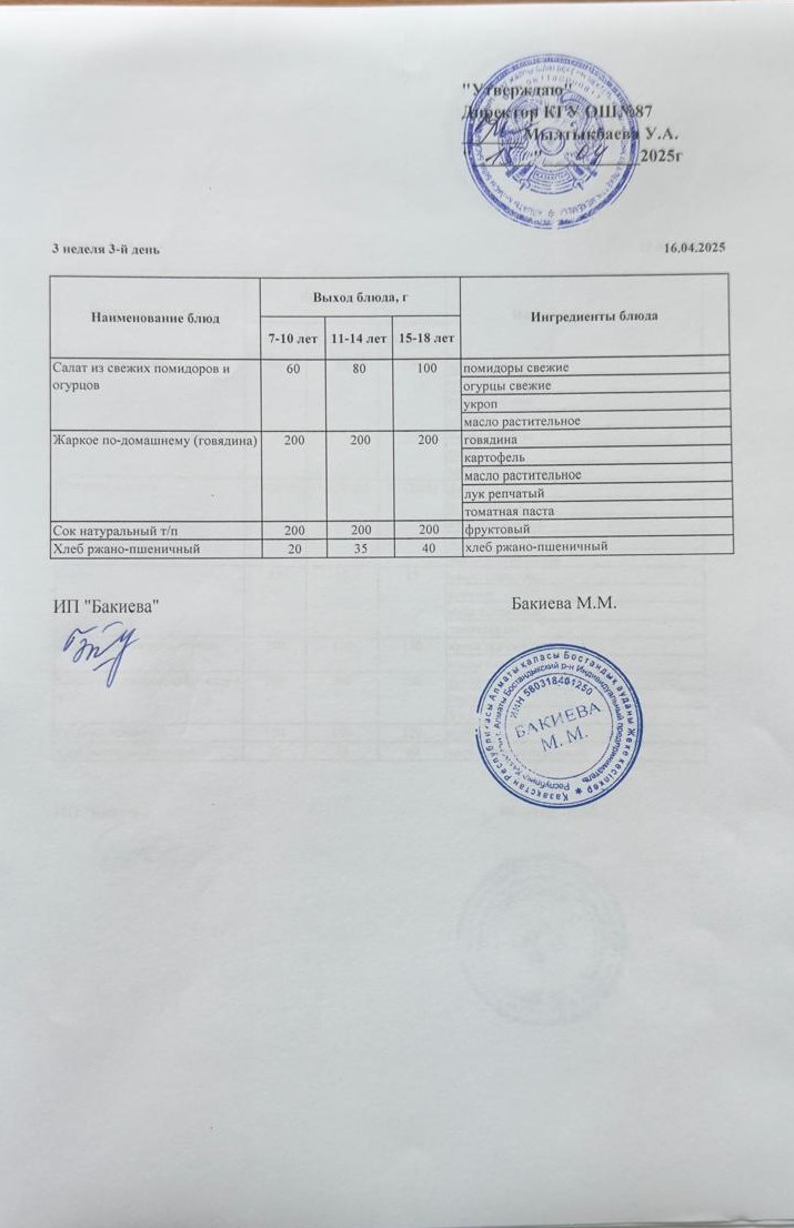 Ас мәзірі - Меню 16.04.2025