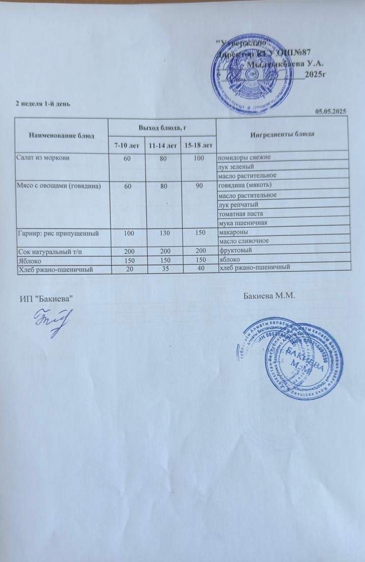 Ас мәзірі 2 апта-1-күн - Меню 2 неделя 1-й день 05.05.2025г.