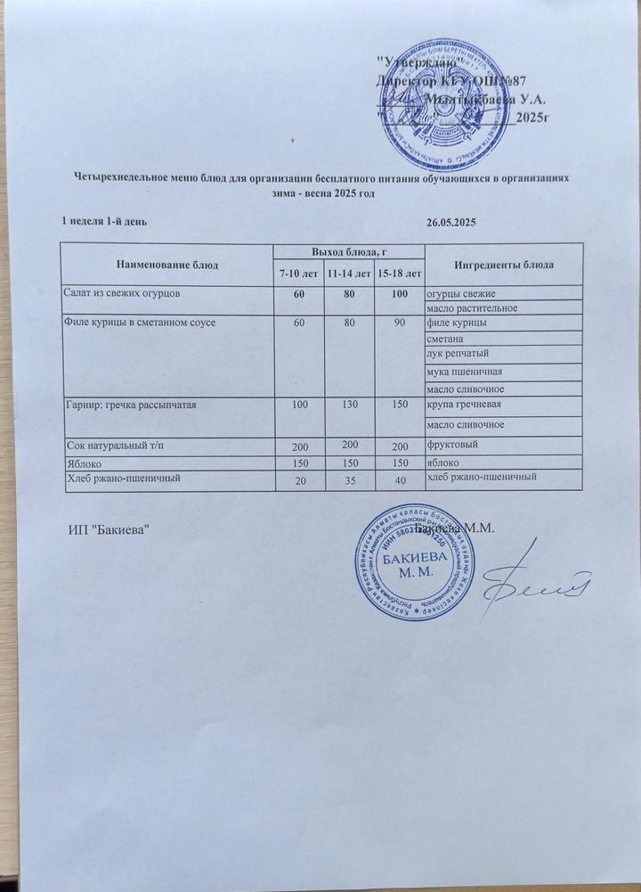 Ас мәзірі 1 апта-1-күн - Меню 1 неделя 1-й день 26.05.2025г.
