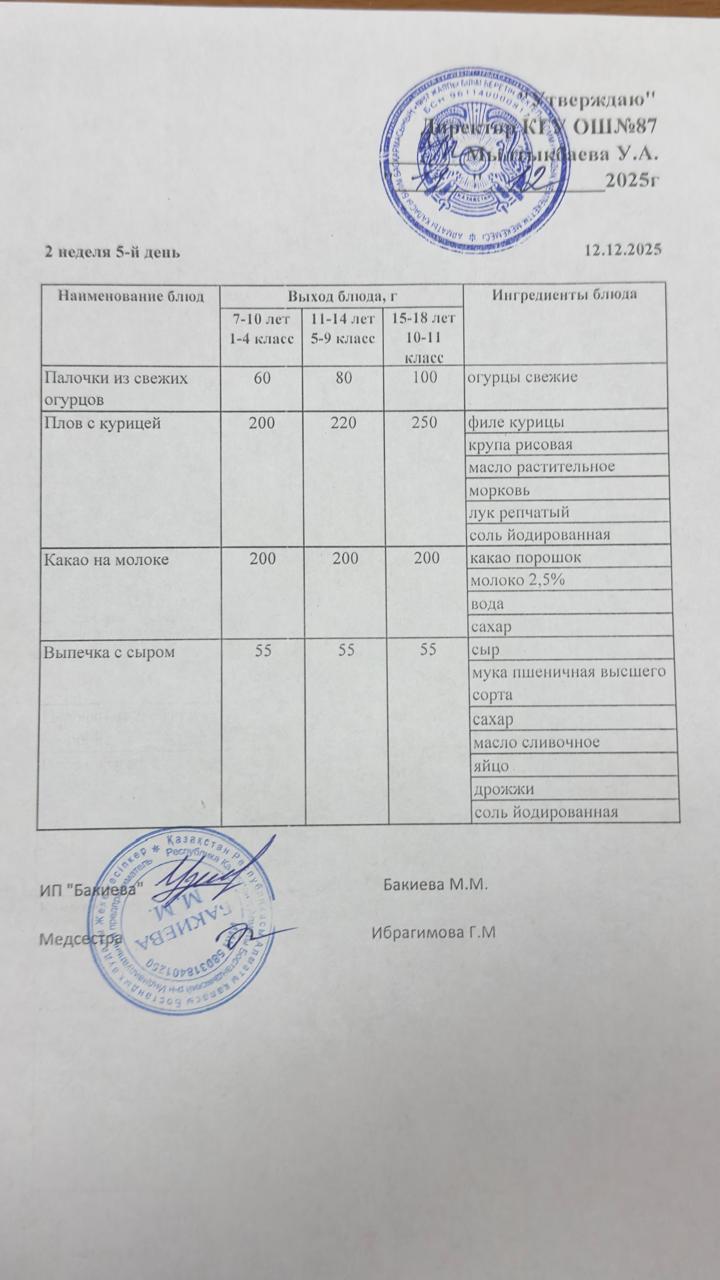Ас мәзірі 2 апта -5-күн - Меню 2 неделя 5-й день 12.12.2025