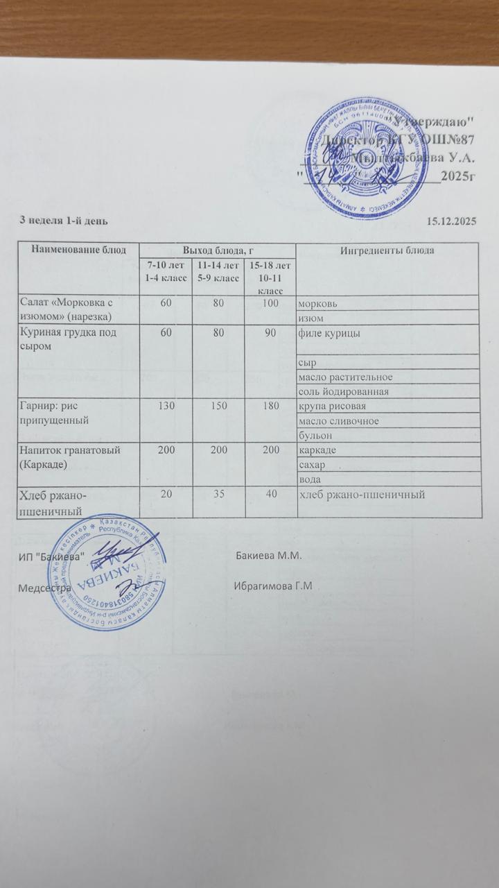Ас мәзірі 3 апта -1-күн - Меню 3 неделя 1-й день 15.12.2025