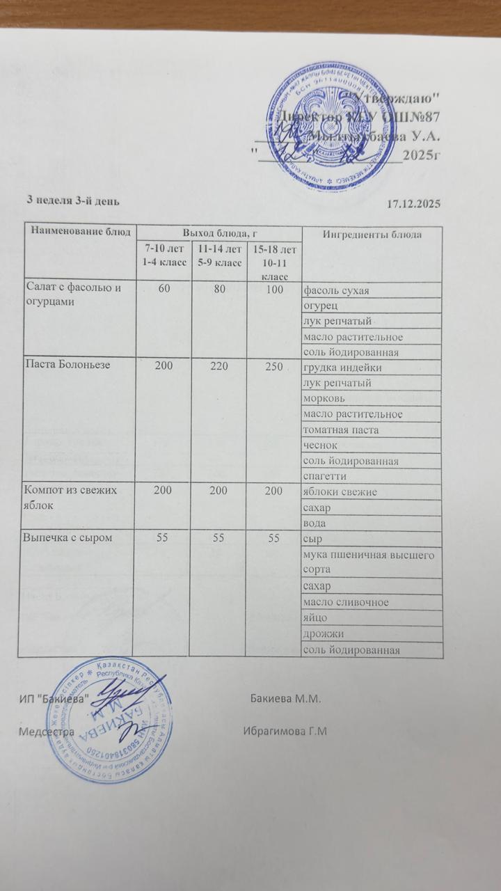 Ас мәзірі 3 апта -3-күн - Меню 3 неделя 3-й день 17.12.2025