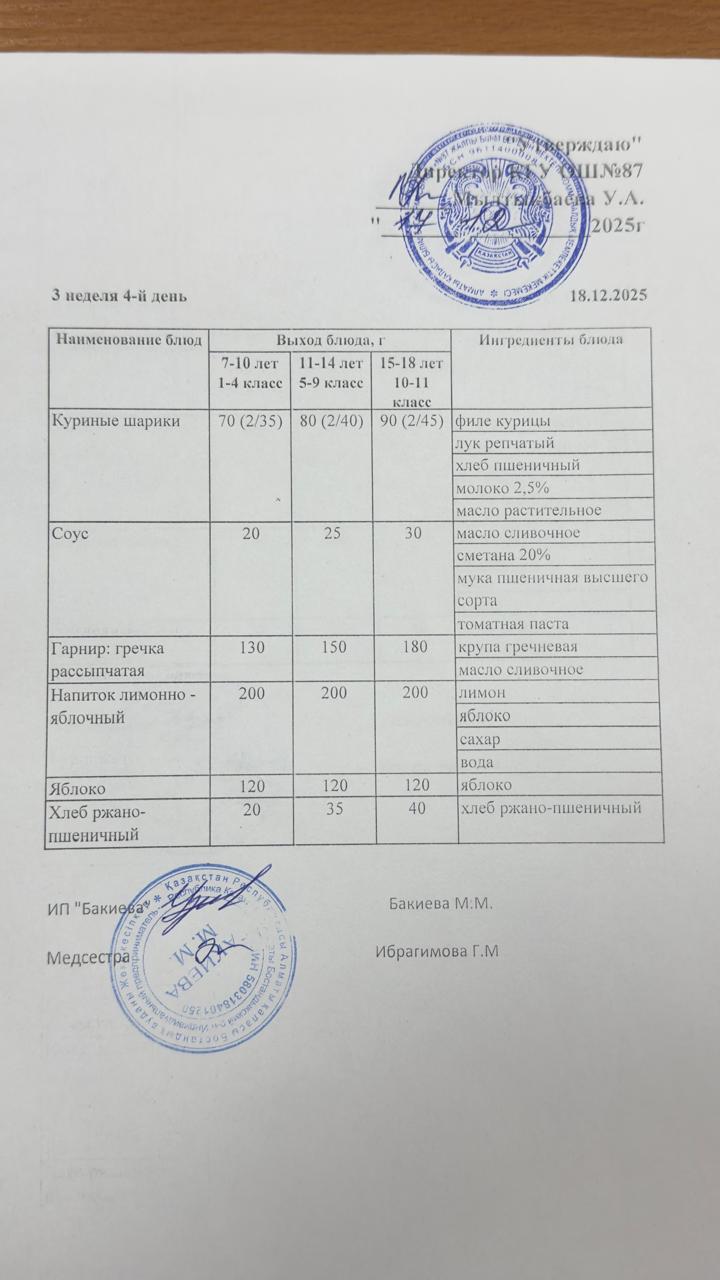 Ас мәзірі 3 апта -4-күн - Меню 3 неделя 4-й день 18.12.2025