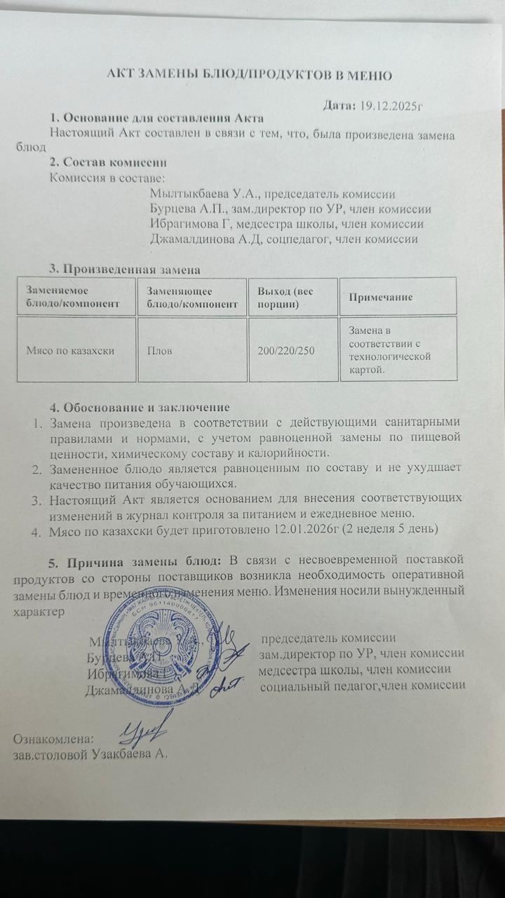 МӘЗІРДЕГІ ТАҒАМДАРДЫ / ӨНІМДЕРДІ АУЫСТЫРУ ТУРАЛЫ АКТ - АКТ ЗАМЕНЫ БЛЮД/ПРОДУКТОВ В МЕНЮ19.12.2025