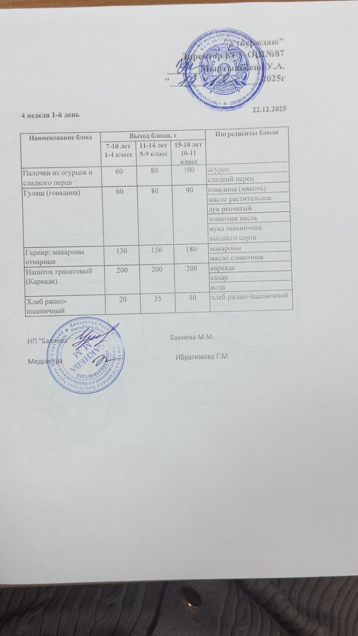 Ас мәзірі 4 апта -1-күн - Меню 4 неделя 1-й день 22.12.2025