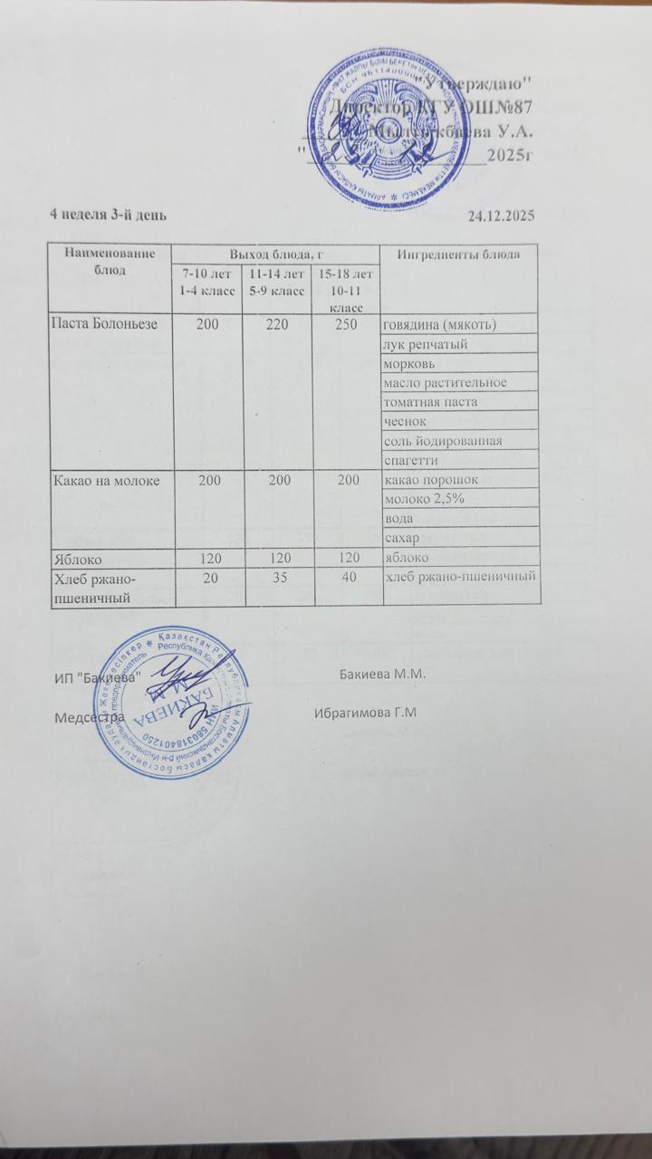Ас мәзірі 4 апта -3-күн - Меню 4 неделя 3-й день 24.12.2025