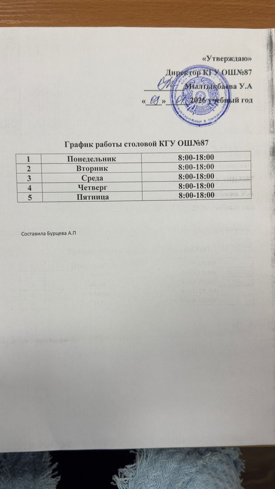 Мектеп асханасының жұмыс кестесі 2026 ж.-График работы школьной столовой 2026 г.