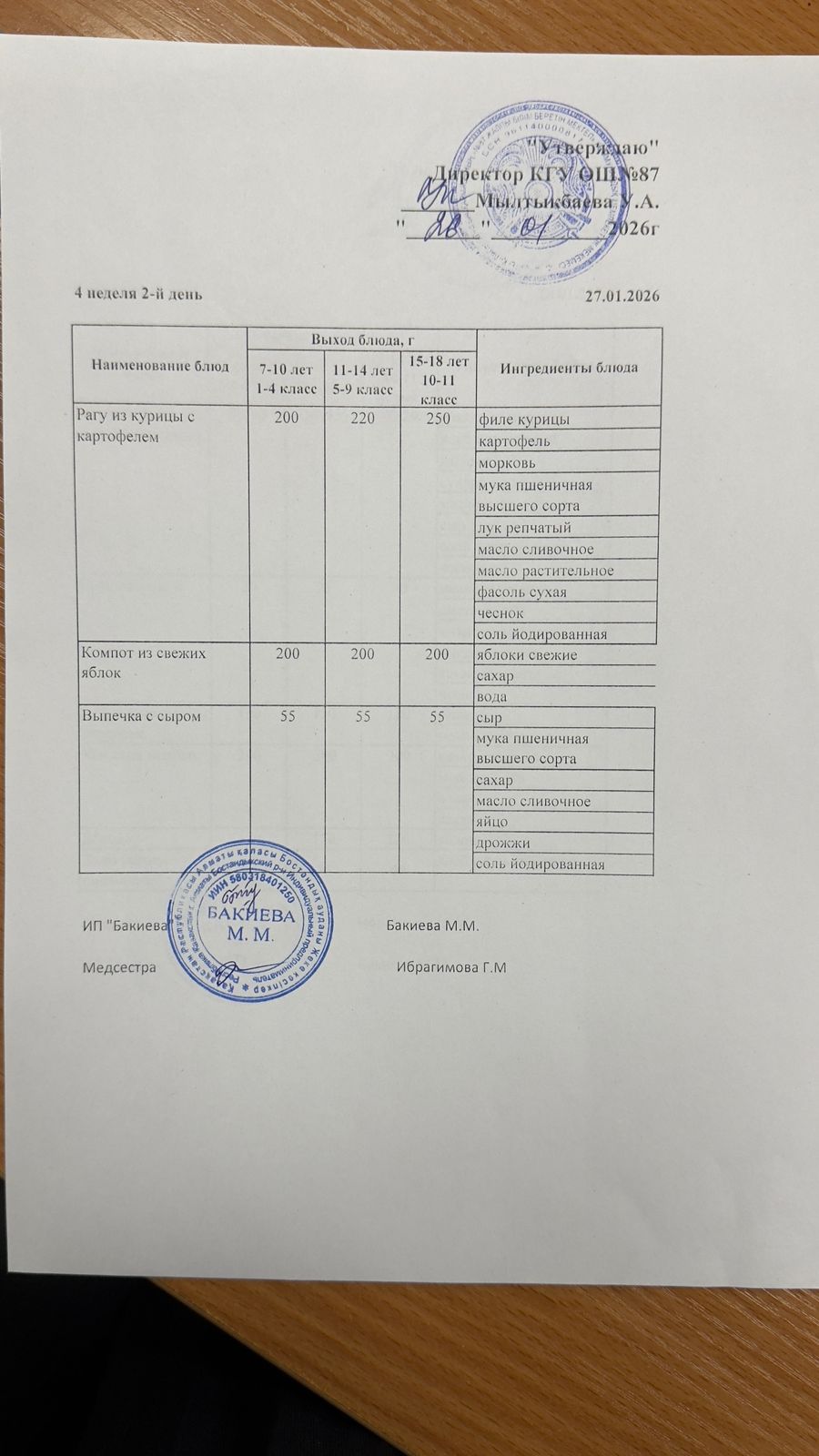 Ас мәзірі 4 апта -2-күн - Меню 4 неделя 2-й день 27.01.2026 г.