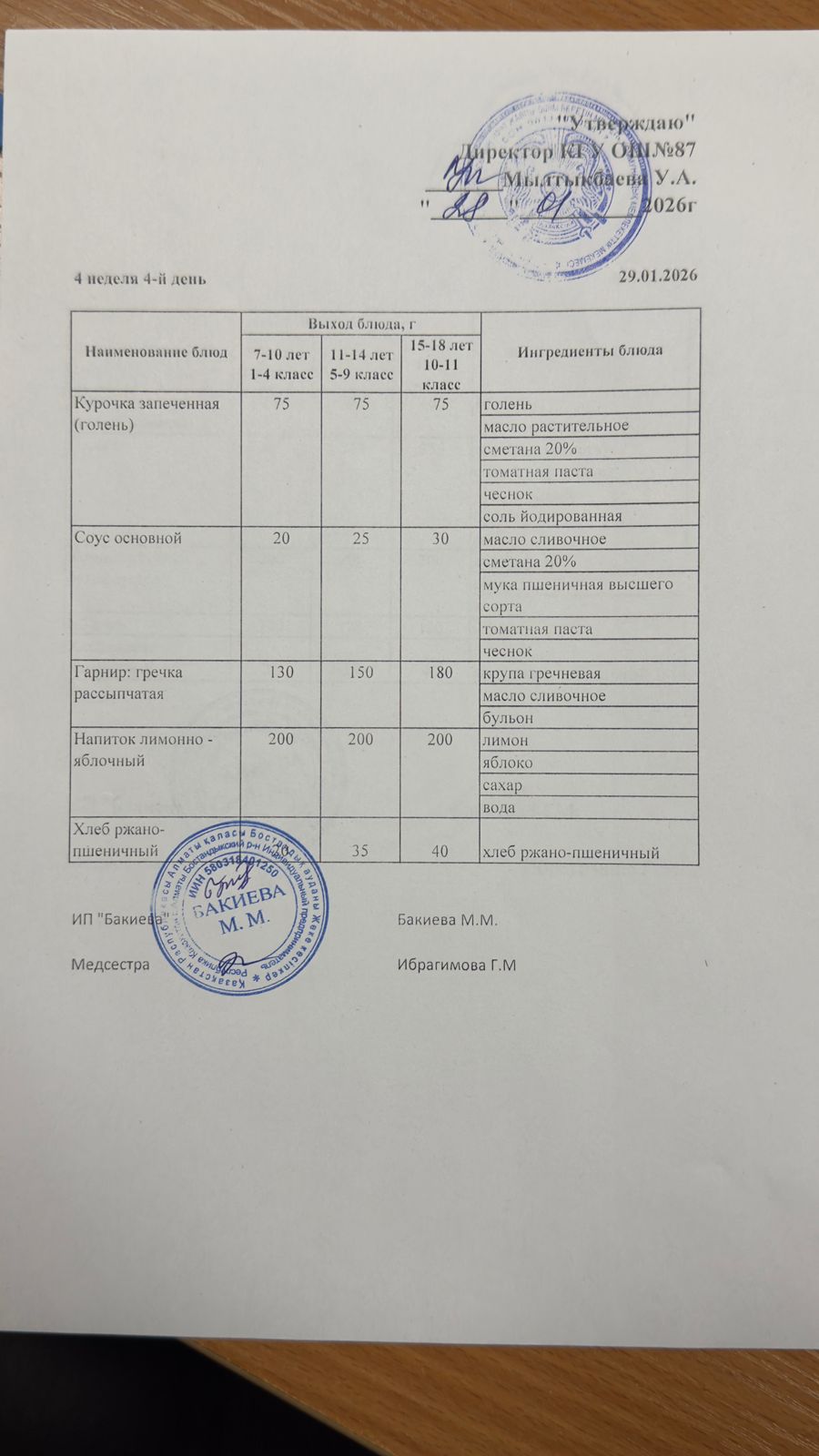 Ас мәзірі 4 апта -4-күн - Меню 4 неделя 4-й день 29.01.2026 г.