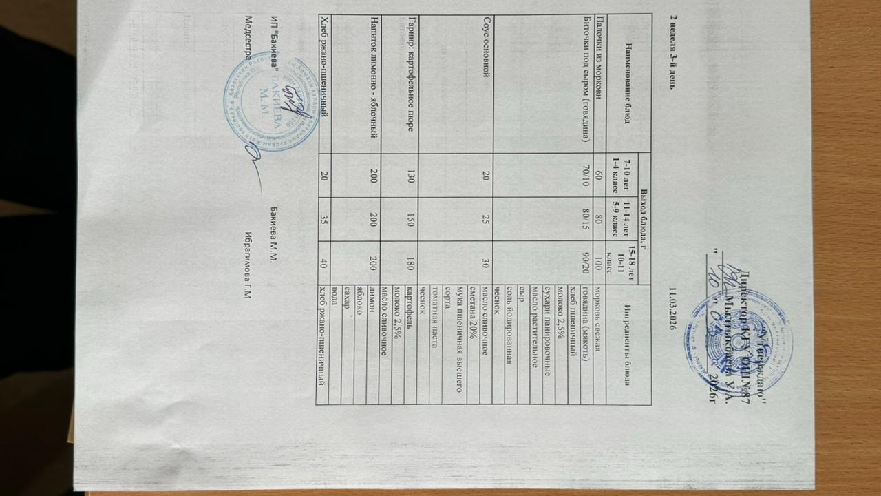 Ас мәзірі 2- апта -3-күн - Меню 2 неделя 3-й день 11.03.2026 г.