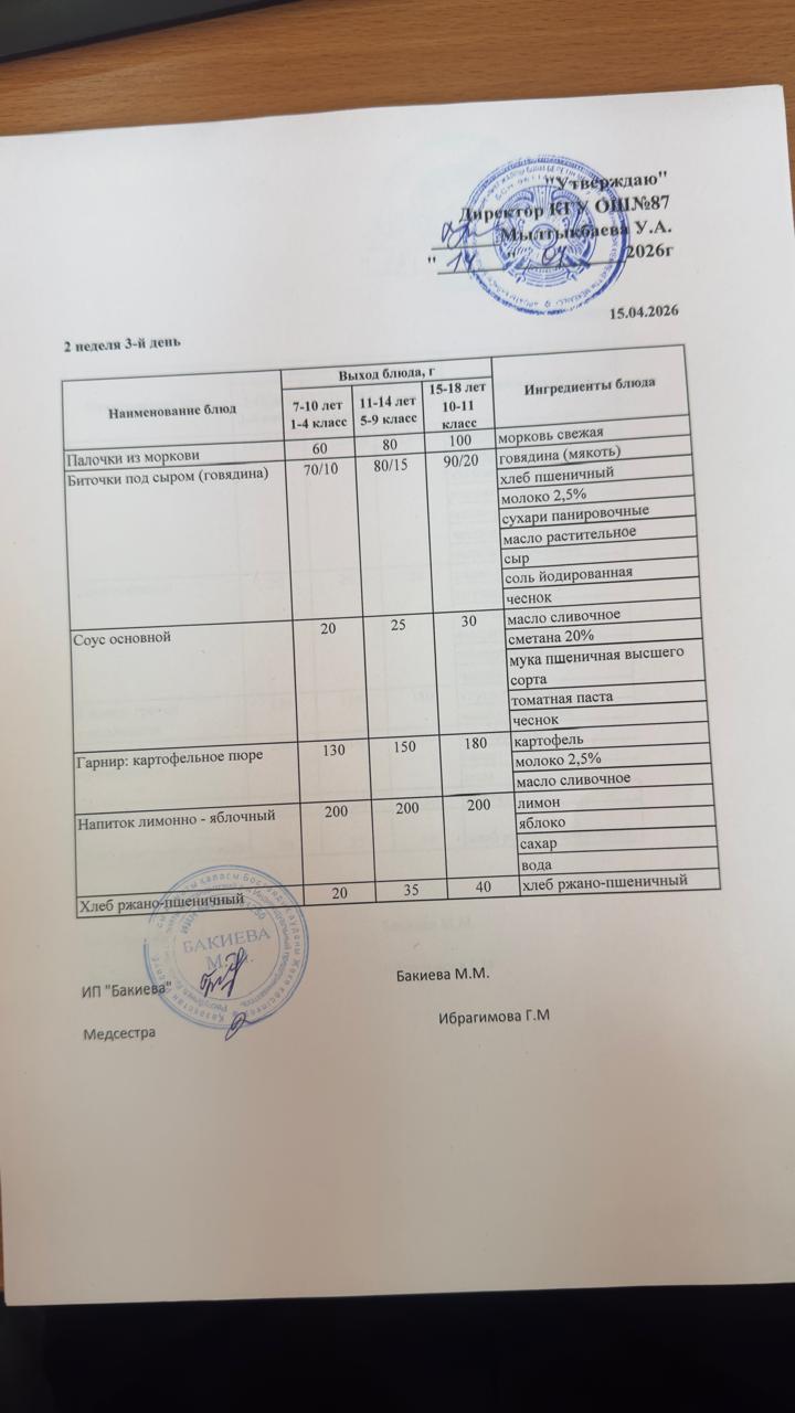Ас мәзірі 2- апта -3-күн - Меню 2 неделя 3-й день 15.04.2026 г.